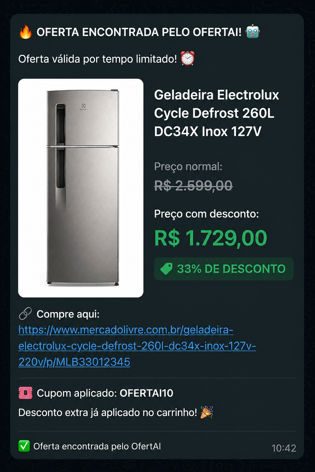 Oferta encontrada - Geladeira Electrolux